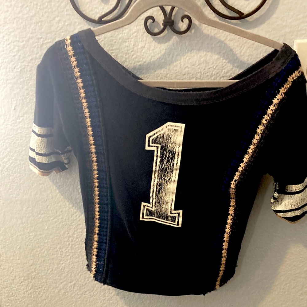 We the Free navy blue cotton shirt. Embroidered/knit along sides. Super cute!